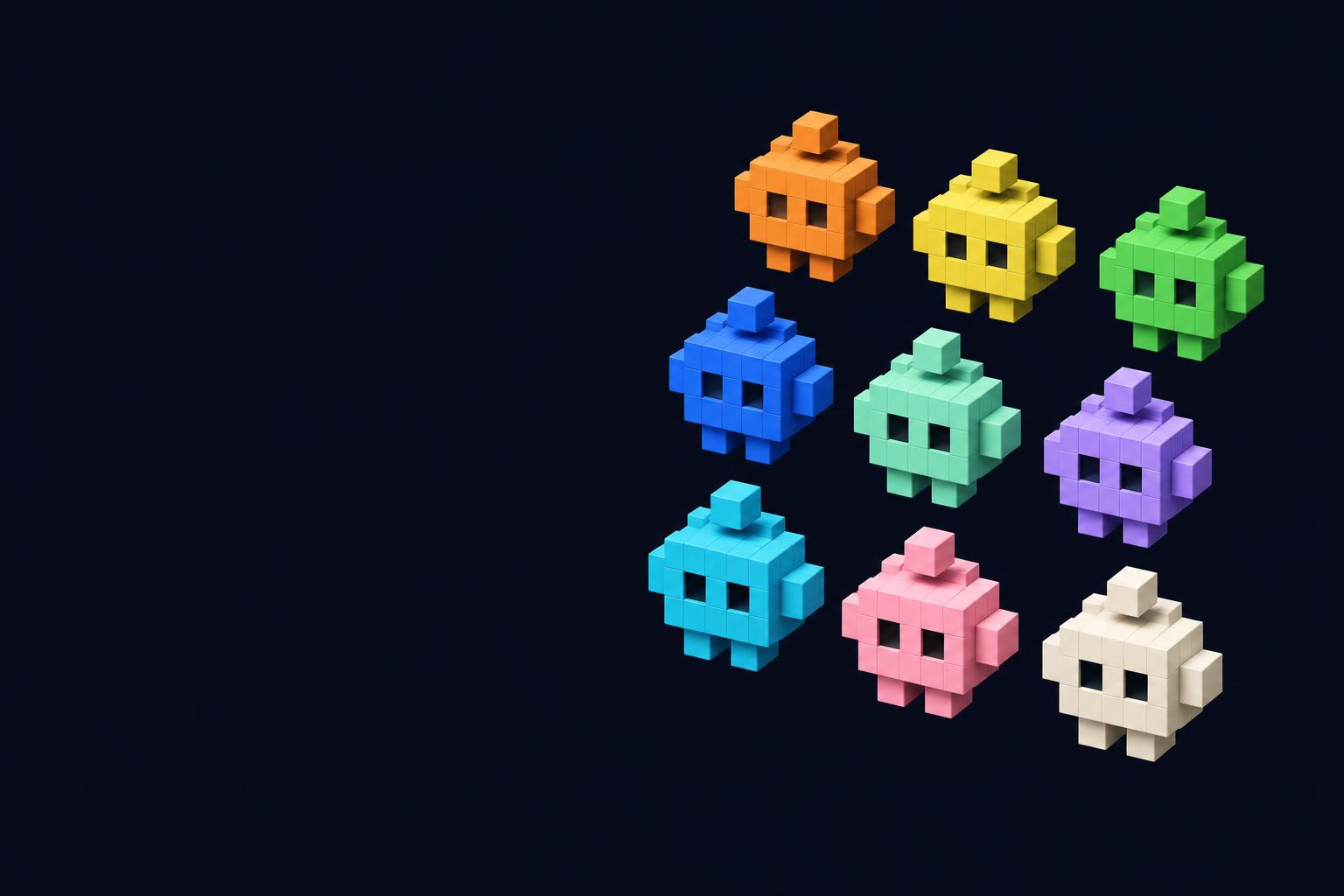 Nueve pequeños robots de colores, uno por cada skill de la colección